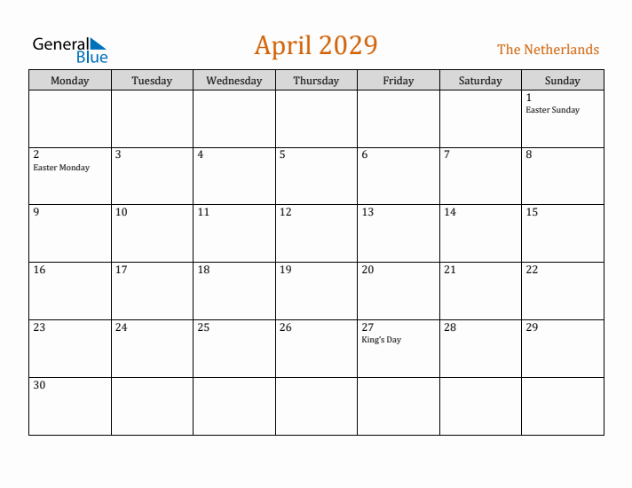 April 2029 Holiday Calendar with Monday Start