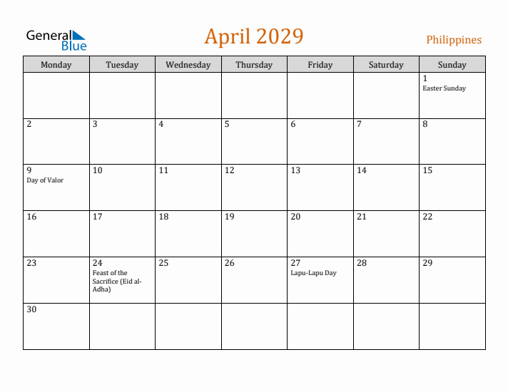 April 2029 Holiday Calendar with Monday Start