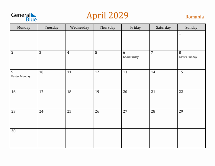 April 2029 Holiday Calendar with Monday Start