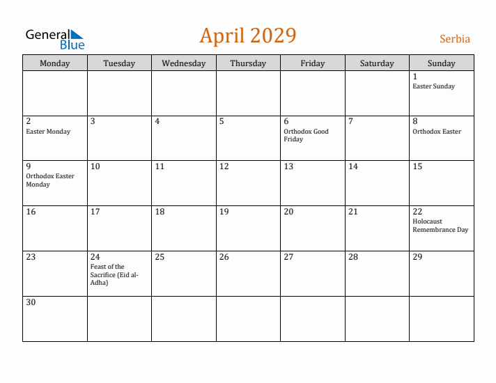 April 2029 Holiday Calendar with Monday Start