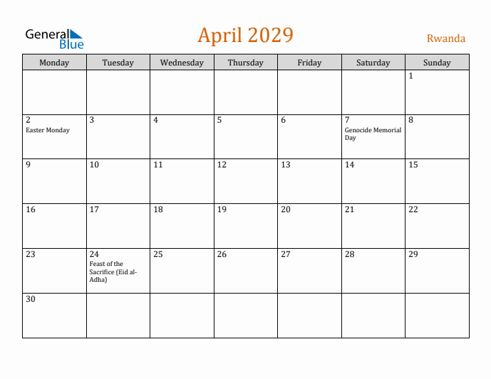 April 2029 Holiday Calendar with Monday Start