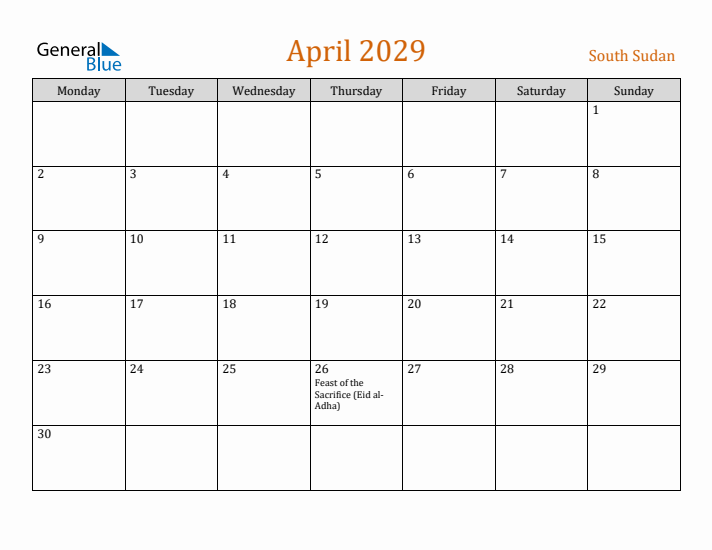 April 2029 Holiday Calendar with Monday Start