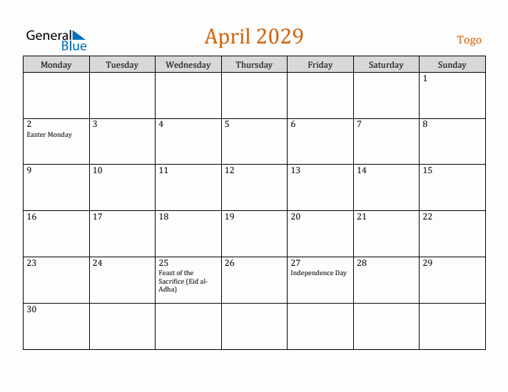 April 2029 Holiday Calendar with Monday Start