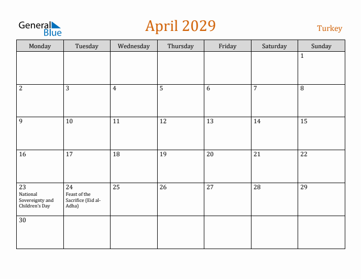 April 2029 Holiday Calendar with Monday Start