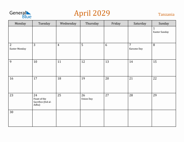 April 2029 Holiday Calendar with Monday Start