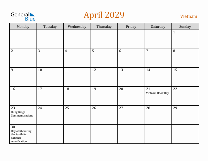 April 2029 Holiday Calendar with Monday Start