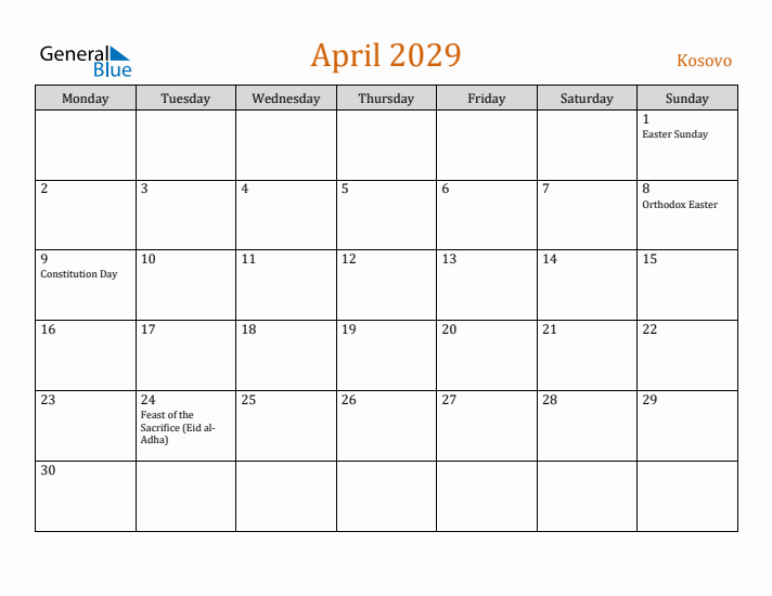 April 2029 Holiday Calendar with Monday Start