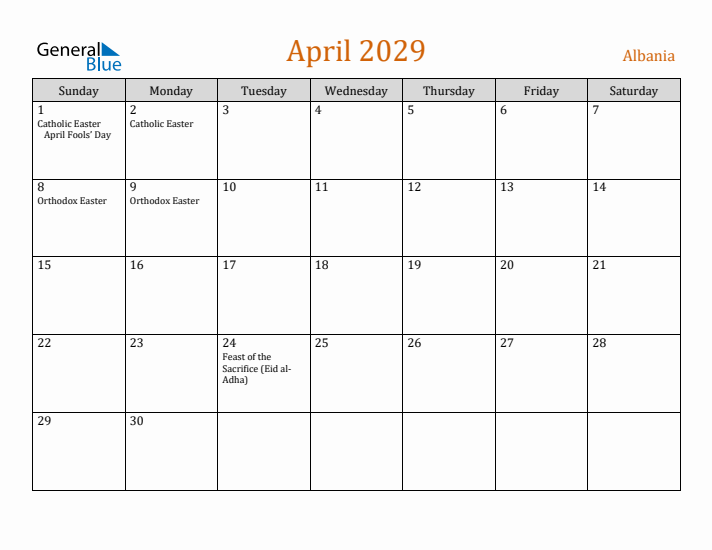 April 2029 Holiday Calendar with Sunday Start