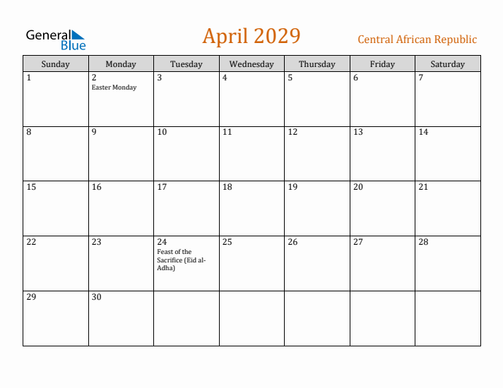 April 2029 Holiday Calendar with Sunday Start