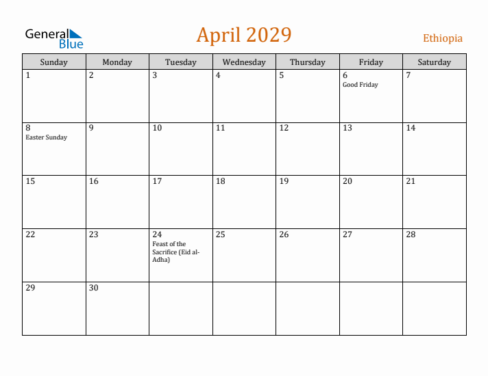 April 2029 Holiday Calendar with Sunday Start