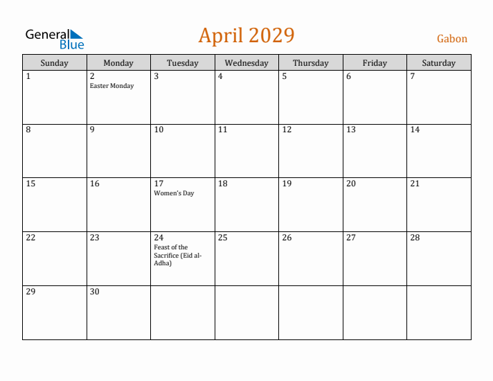 April 2029 Holiday Calendar with Sunday Start