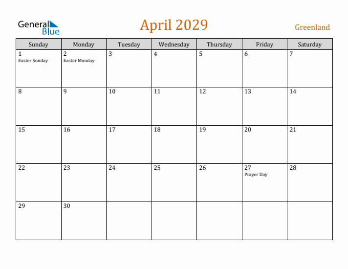 April 2029 Holiday Calendar with Sunday Start