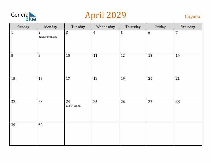 April 2029 Holiday Calendar with Sunday Start