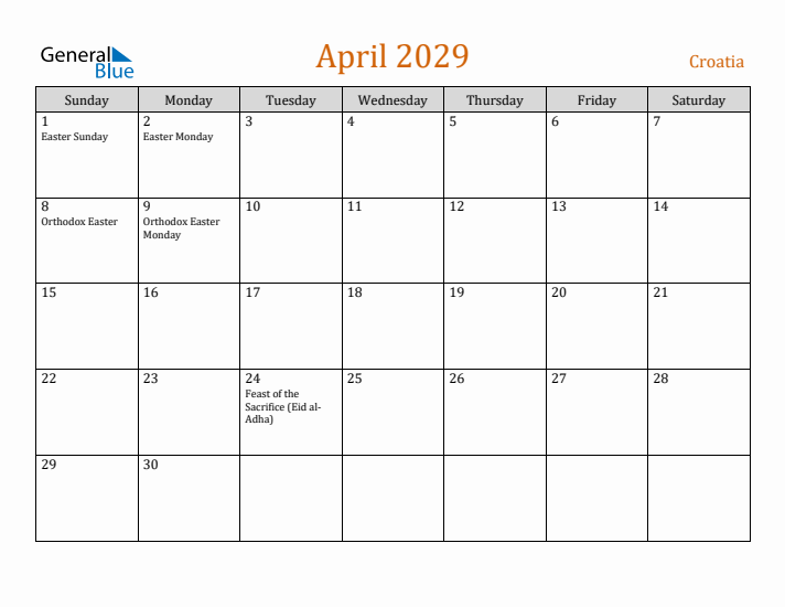 April 2029 Holiday Calendar with Sunday Start