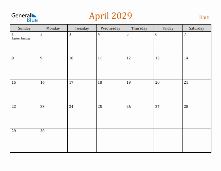 April 2029 Holiday Calendar with Sunday Start