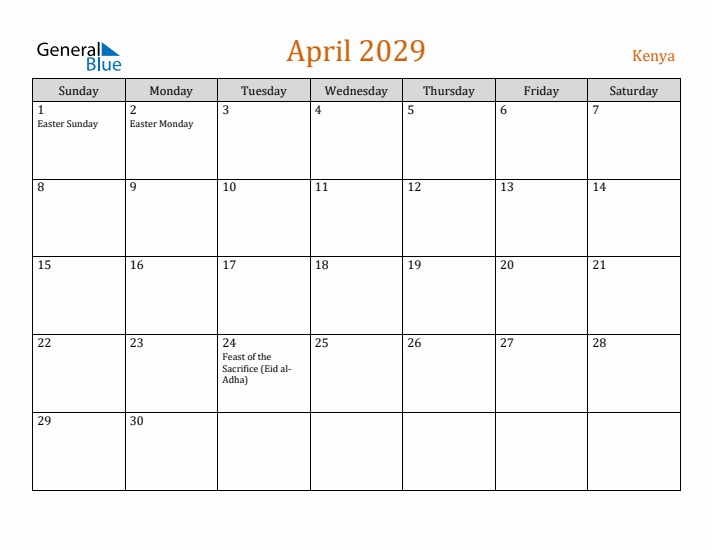 April 2029 Holiday Calendar with Sunday Start