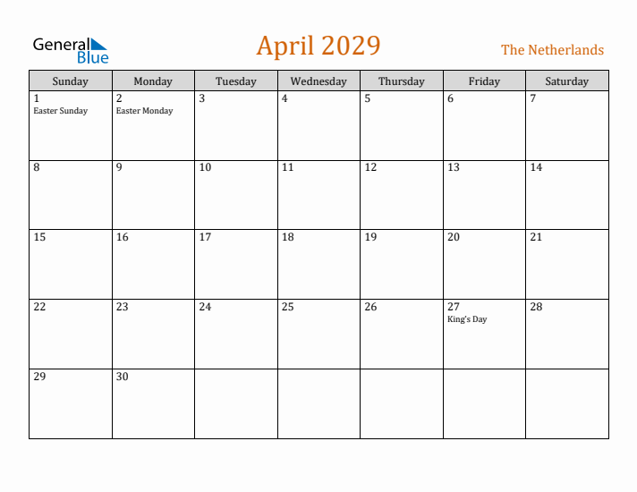 April 2029 Holiday Calendar with Sunday Start