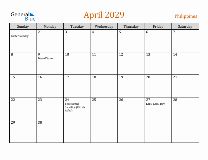 April 2029 Holiday Calendar with Sunday Start