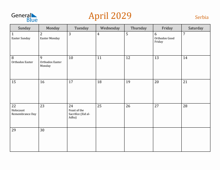 April 2029 Holiday Calendar with Sunday Start