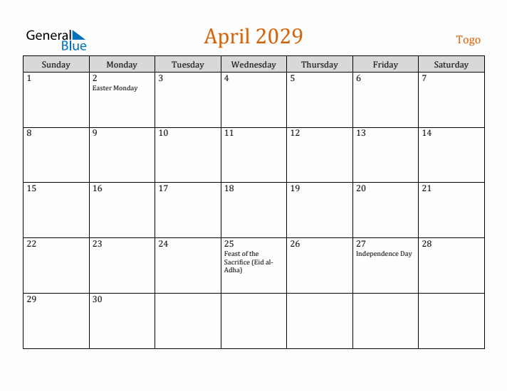 April 2029 Holiday Calendar with Sunday Start