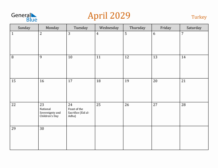 April 2029 Holiday Calendar with Sunday Start