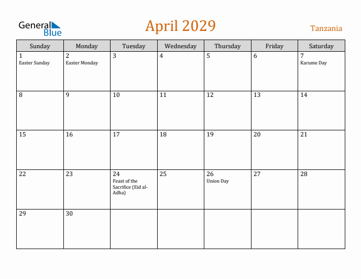 April 2029 Holiday Calendar with Sunday Start