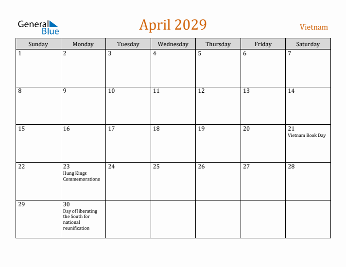 April 2029 Holiday Calendar with Sunday Start