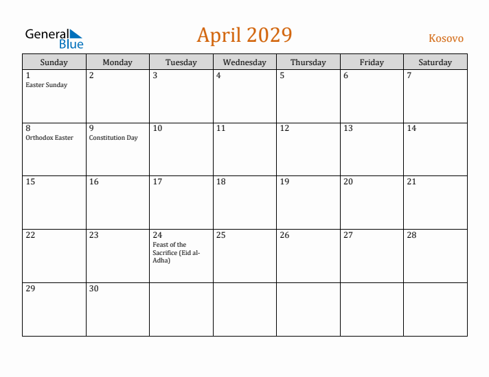 April 2029 Holiday Calendar with Sunday Start