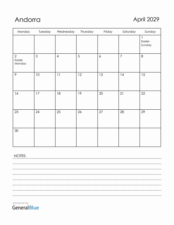 April 2029 Andorra Calendar with Holidays (Monday Start)