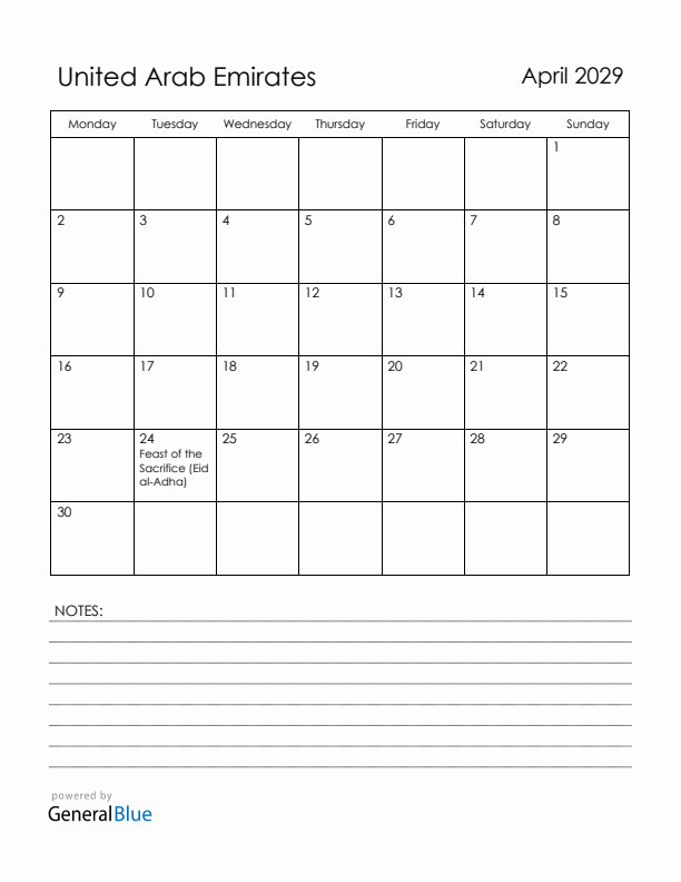 April 2029 United Arab Emirates Calendar with Holidays (Monday Start)