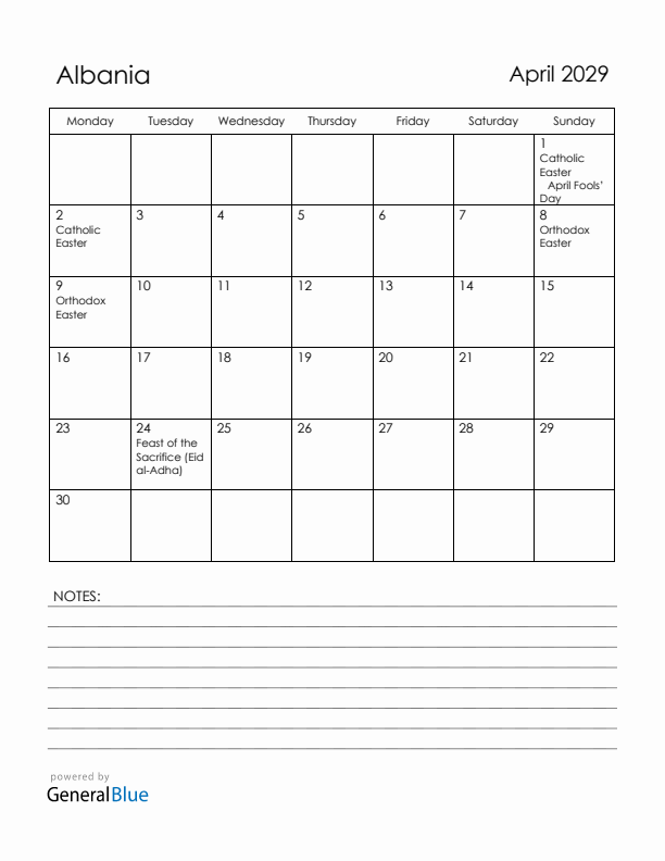April 2029 Albania Calendar with Holidays (Monday Start)