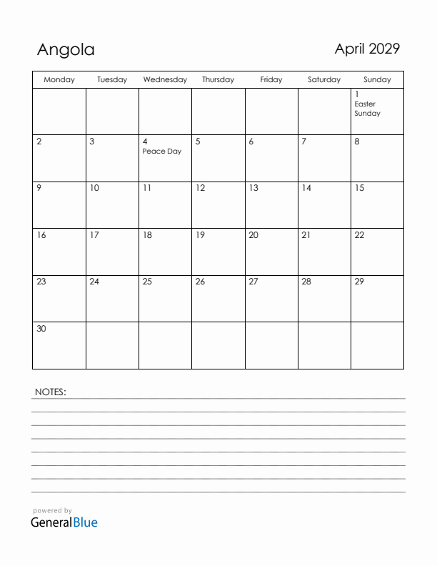 April 2029 Angola Calendar with Holidays (Monday Start)