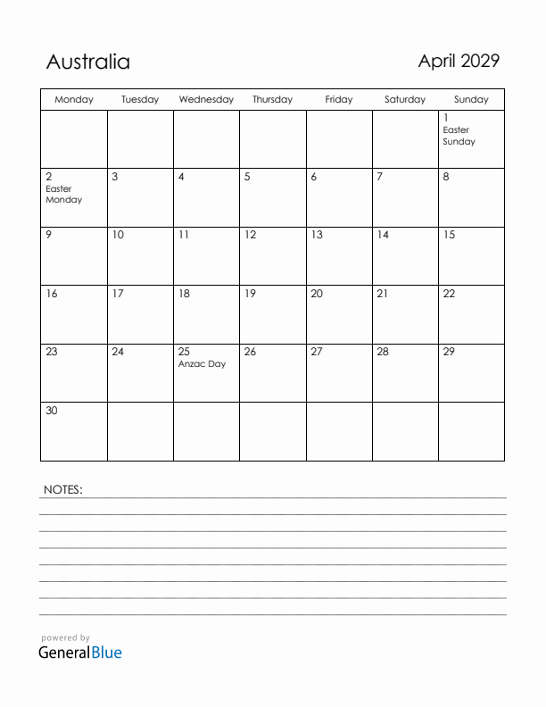 April 2029 Australia Calendar with Holidays (Monday Start)