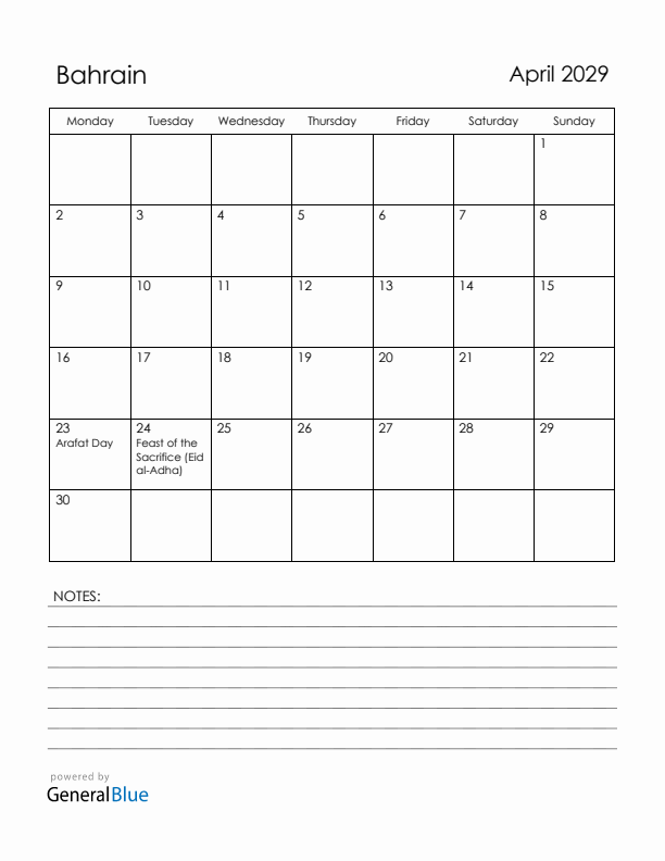 April 2029 Bahrain Calendar with Holidays (Monday Start)