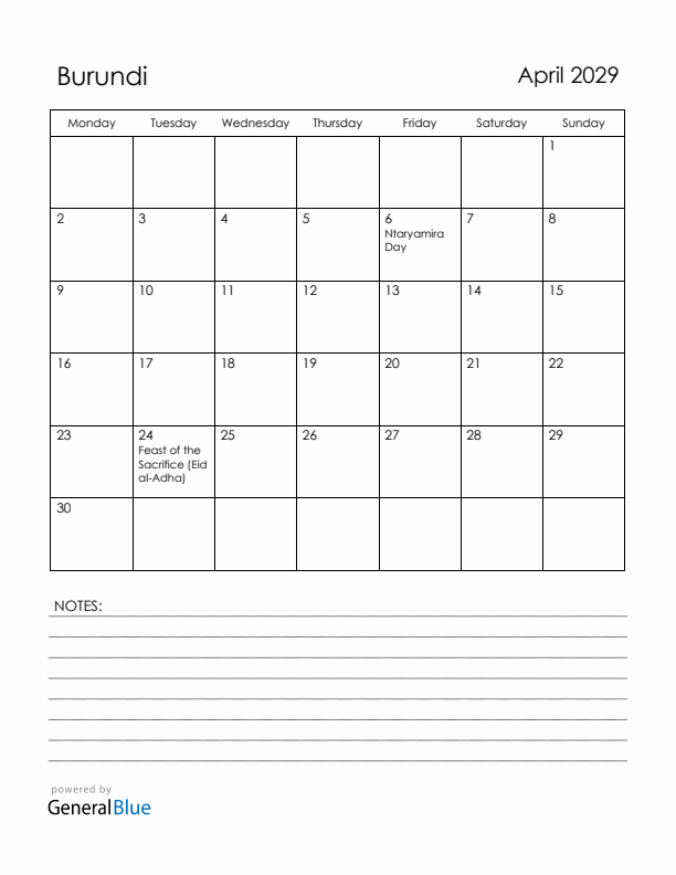 April 2029 Burundi Calendar with Holidays (Monday Start)