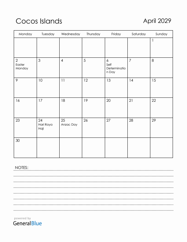 April 2029 Cocos Islands Calendar with Holidays (Monday Start)