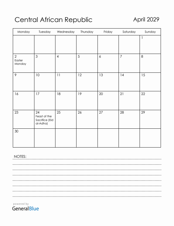 April 2029 Central African Republic Calendar with Holidays (Monday Start)