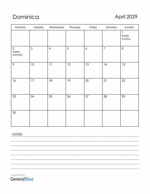 April 2029 Dominica Calendar with Holidays (Monday Start)