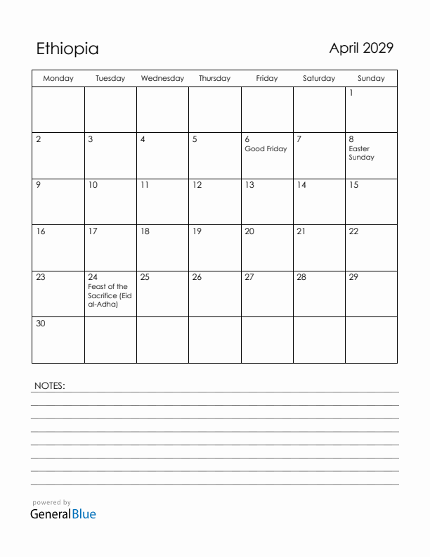 April 2029 Ethiopia Calendar with Holidays (Monday Start)