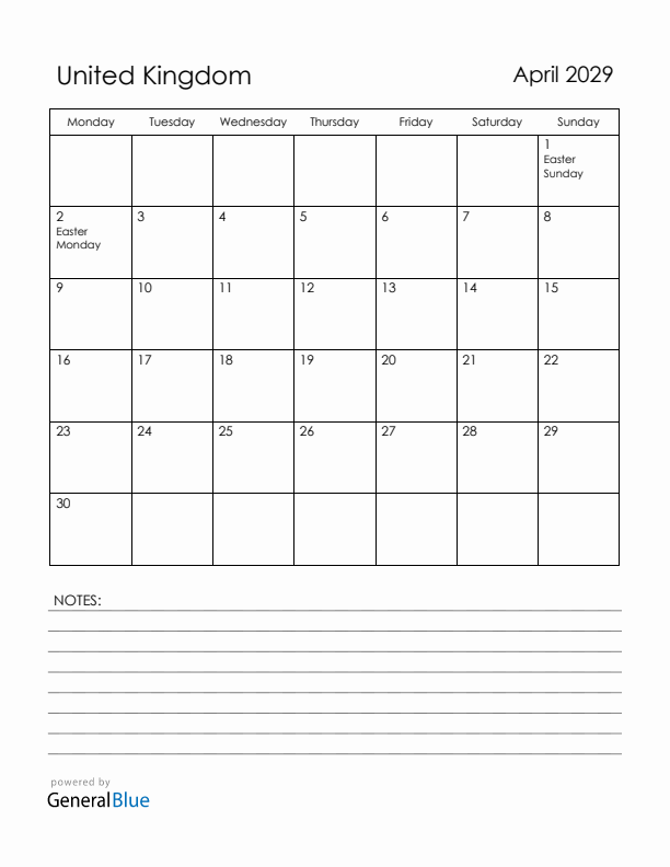 April 2029 United Kingdom Calendar with Holidays (Monday Start)