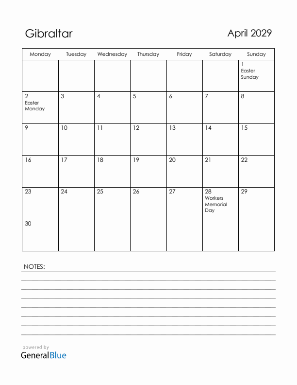 April 2029 Gibraltar Calendar with Holidays (Monday Start)
