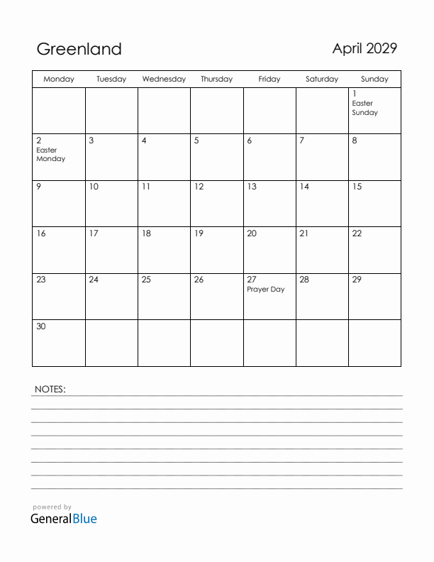 April 2029 Greenland Calendar with Holidays (Monday Start)