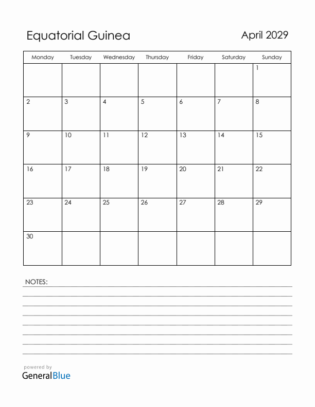 April 2029 Equatorial Guinea Calendar with Holidays (Monday Start)