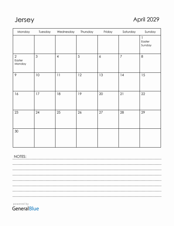 April 2029 Jersey Calendar with Holidays (Monday Start)
