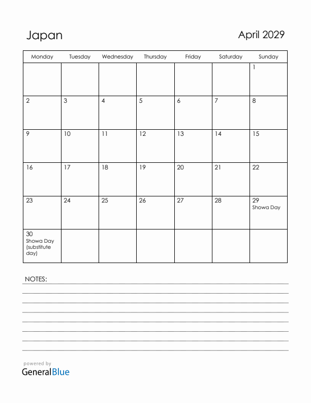 April 2029 Japan Calendar with Holidays (Monday Start)