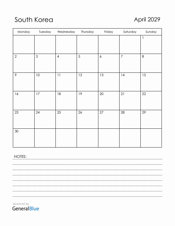 April 2029 South Korea Calendar with Holidays (Monday Start)