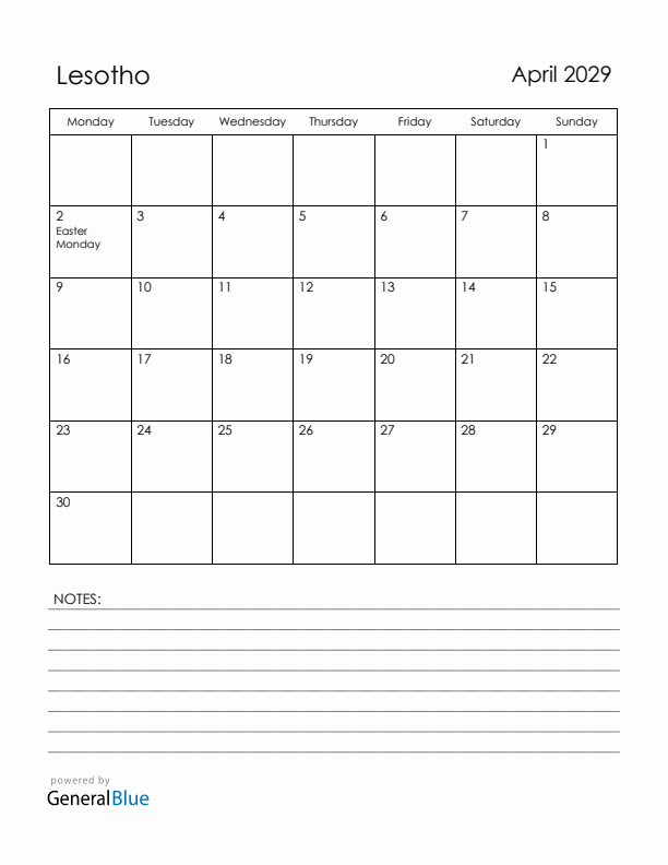 April 2029 Lesotho Calendar with Holidays (Monday Start)