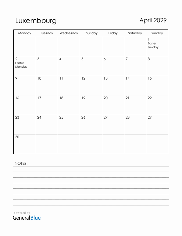 April 2029 Luxembourg Calendar with Holidays (Monday Start)