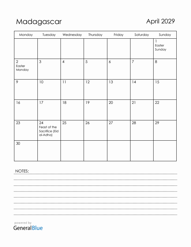 April 2029 Madagascar Calendar with Holidays (Monday Start)