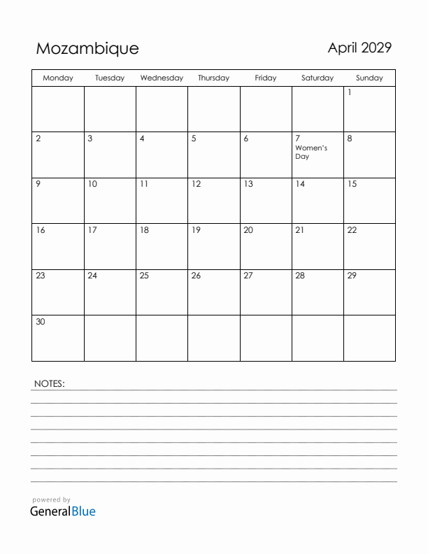 April 2029 Mozambique Calendar with Holidays (Monday Start)